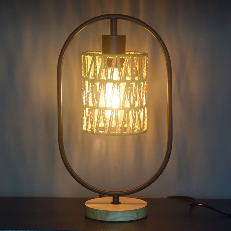 Traditional Vintage Hemp Rope Weaving Cage Wood Base 1-Light Table Lamp For Bedroom