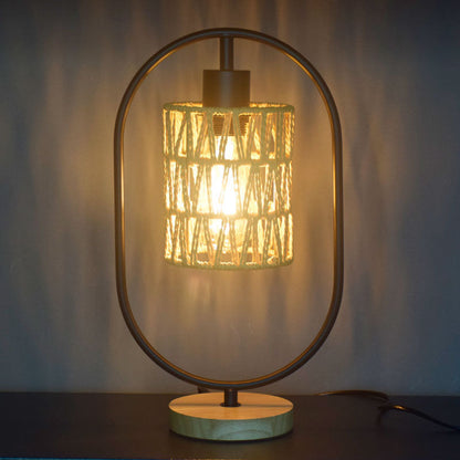 Traditional Vintage Hemp Rope Weaving Cage Wood Base 1-Light Table Lamp For Bedroom
