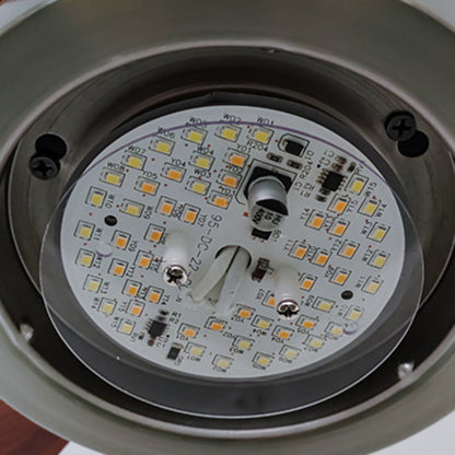 現代風レトロ丸型ガラスシェード、無垢材ファンブレード、LEDダウンロッドシーリングファンライト（寝室用）