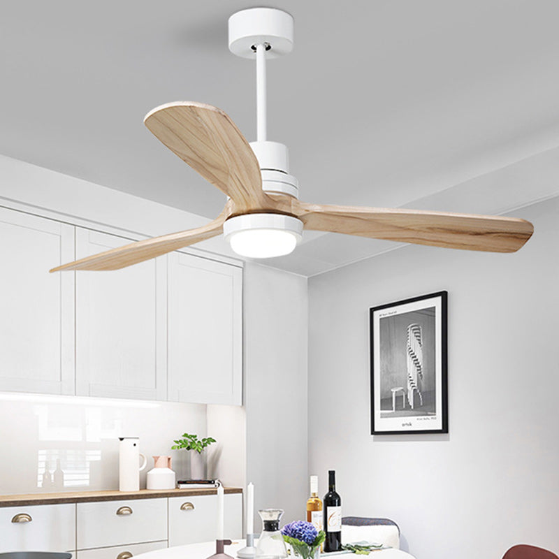 現代風レトロ丸型ガラスシェード、無垢材ファンブレード、LEDダウンロッドシーリングファンライト（寝室用）