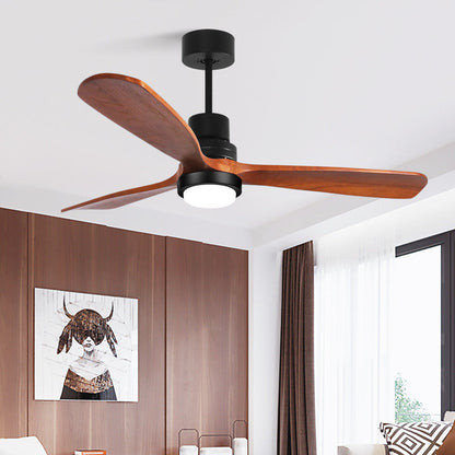 現代風レトロ丸型ガラスシェード、無垢材ファンブレード、LEDダウンロッドシーリングファンライト（寝室用）