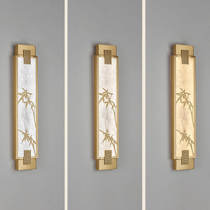 Traditional Chinese Rectangle Full Copper Bamboo Lotus Pattern Marble Shade LED Waterproof Wall Sconce Lamp For Hallway