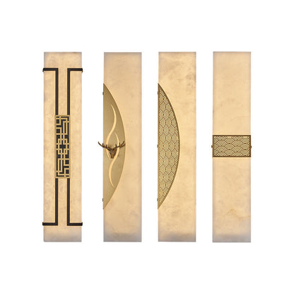 Traditional Chinese Copper Frame Marble Shade Rectangle LED Wall Sconce Lamp For Living Room