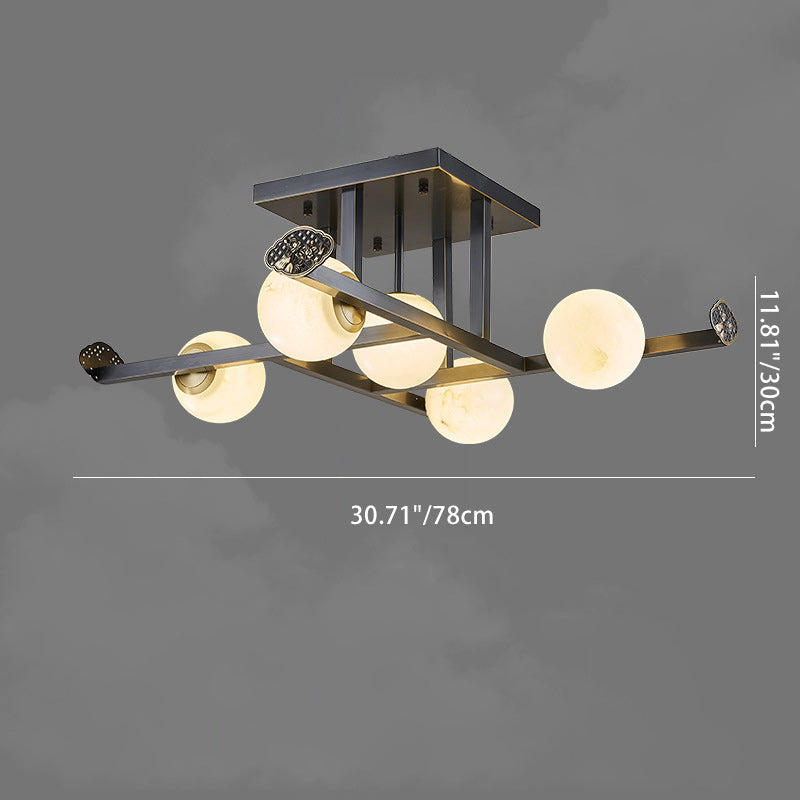 Modern Luxury Marble Ball Shade Copper 5/9-Light Semi-Flush Mount Ceiling Light For Living Room