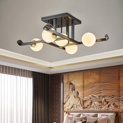 Modern Luxury Marble Ball Shade Copper 5/9-Light Semi-Flush Mount Ceiling Light For Living Room