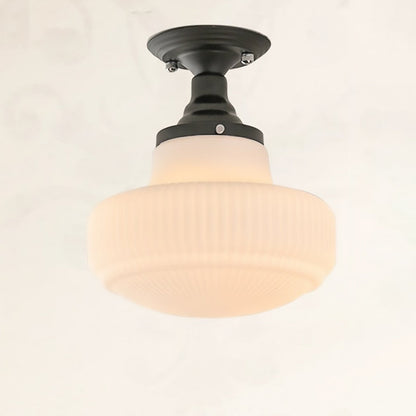 Traditional French Striped White Jade Glass Round Shade Alloy 1-Light Semi-Flush Mount Ceiling Light For Living Room
