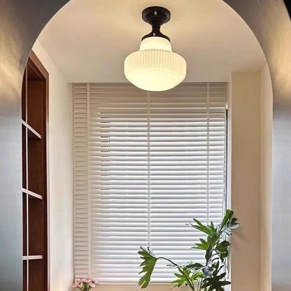 Traditional French Striped White Jade Glass Round Shade Alloy 1-Light Semi-Flush Mount Ceiling Light For Living Room
