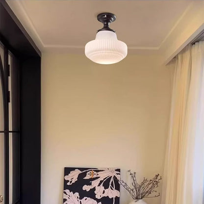 Traditional French Striped White Jade Glass Round Shade Alloy 1-Light Semi-Flush Mount Ceiling Light For Living Room