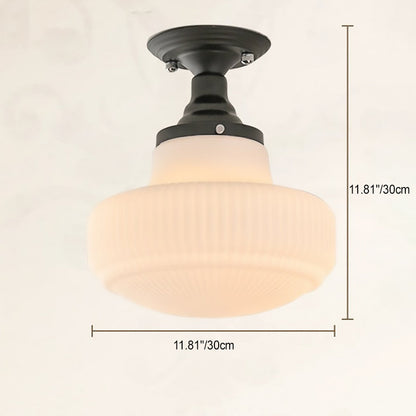 Traditional French Striped White Jade Glass Round Shade Alloy 1-Light Semi-Flush Mount Ceiling Light For Living Room