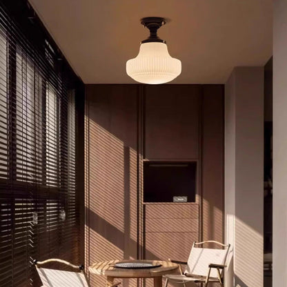 Traditional French Striped White Jade Glass Round Shade Alloy 1-Light Semi-Flush Mount Ceiling Light For Living Room