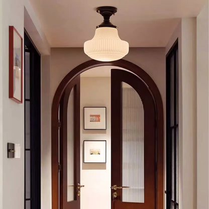 Traditional French Striped White Jade Glass Round Shade Alloy 1-Light Semi-Flush Mount Ceiling Light For Living Room