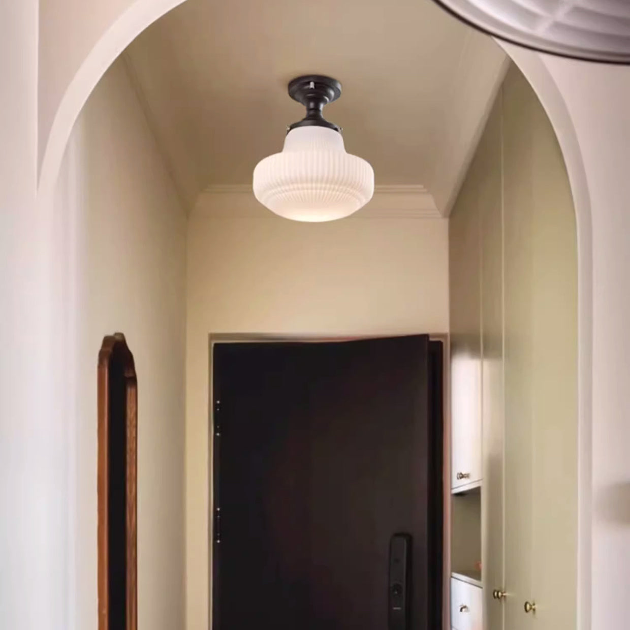 Traditional French Striped White Jade Glass Round Shade Alloy 1-Light Semi-Flush Mount Ceiling Light For Living Room