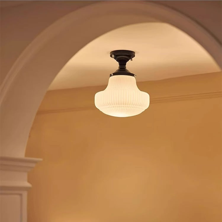 Traditional French Striped White Jade Glass Round Shade Alloy 1-Light Semi-Flush Mount Ceiling Light For Living Room