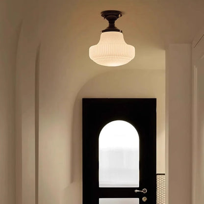 Traditional French Striped White Jade Glass Round Shade Alloy 1-Light Semi-Flush Mount Ceiling Light For Living Room