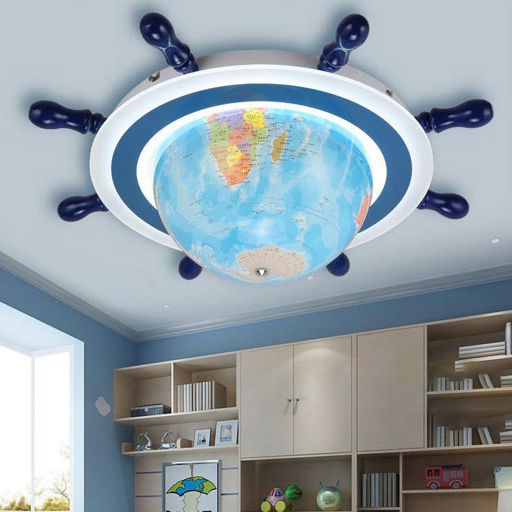 Contemporary Creative Iron Resin Cartoon Spinning Globe Ship Rudder LED Kids Flush Mount Ceiling Light For Bedroom