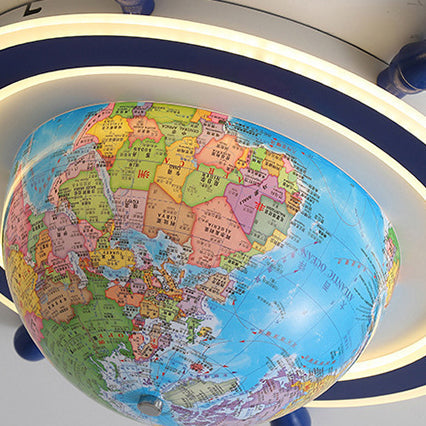 Contemporary Creative Iron Resin Cartoon Spinning Globe Ship Rudder LED Kids Flush Mount Ceiling Light For Bedroom