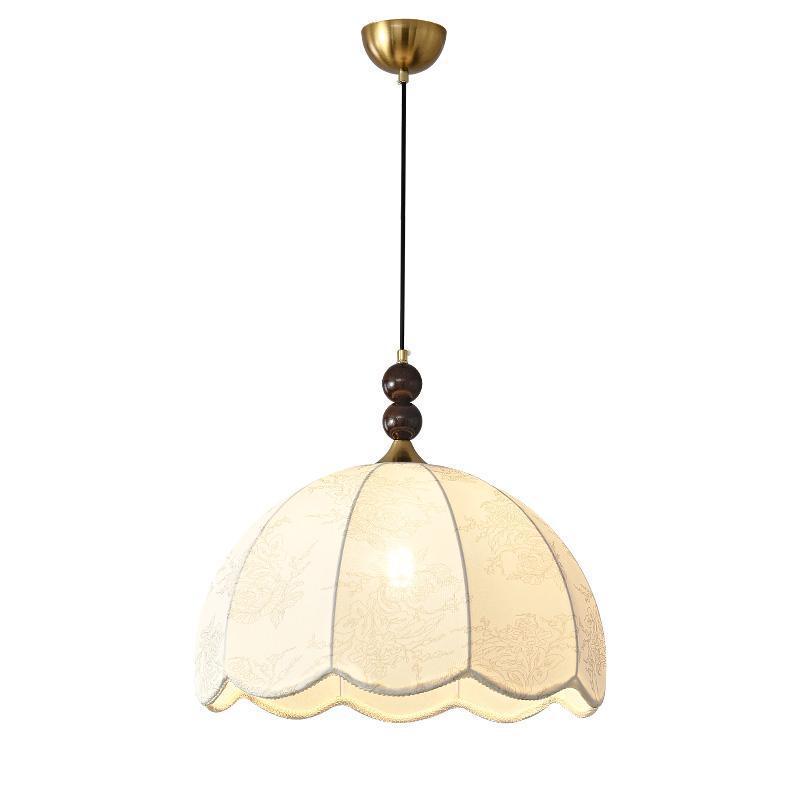 Traditional Vintage Solid Wood Flower Fabric Shade 1-Light Pendant Light For Living Room