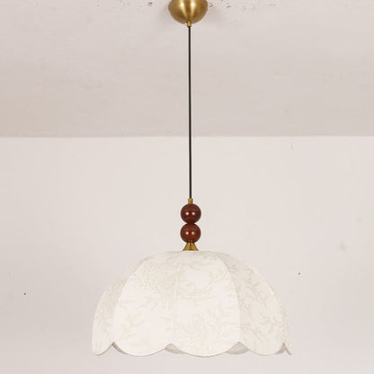 Traditional Vintage Solid Wood Flower Fabric Shade 1-Light Pendant Light For Living Room