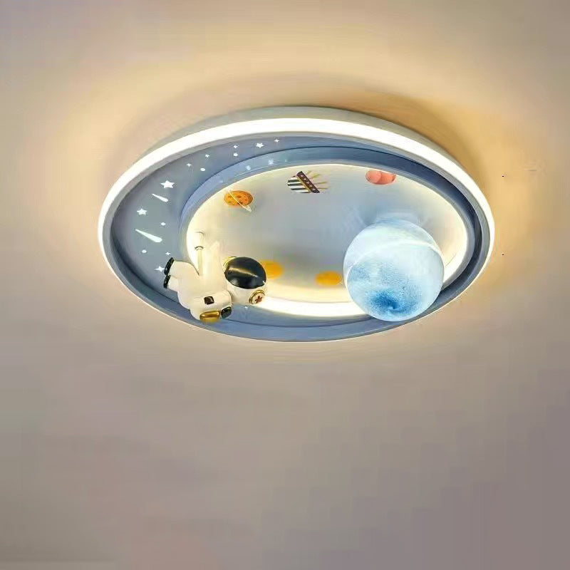 Contemporary Creative Iron Acrylic Cartoon Astronaut Spaceman Planet LED Flush Mount Ceiling Light For Living Room