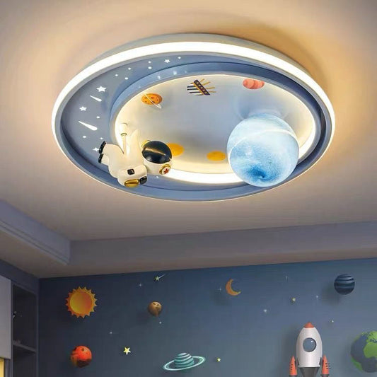 Contemporary Creative Iron Acrylic Cartoon Astronaut Spaceman Planet LED Flush Mount Ceiling Light For Living Room