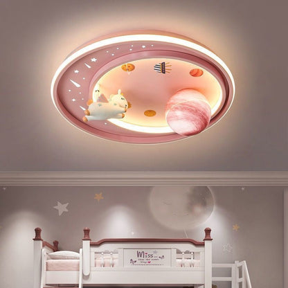 Contemporary Creative Iron Acrylic Cartoon Astronaut Spaceman Planet LED Flush Mount Ceiling Light For Living Room