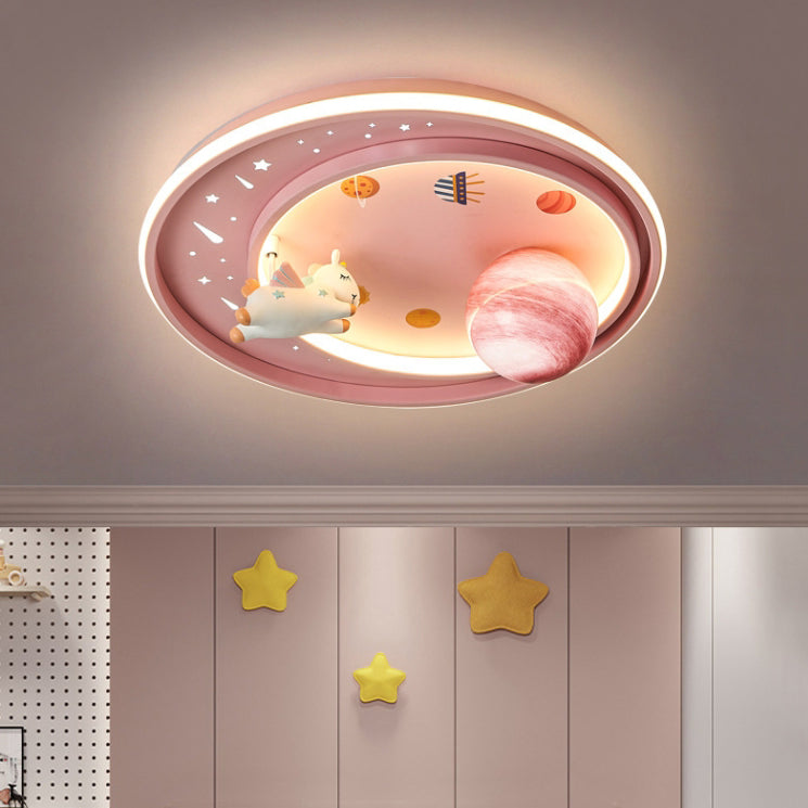 Contemporary Creative Iron Acrylic Cartoon Astronaut Spaceman Planet LED Flush Mount Ceiling Light For Living Room