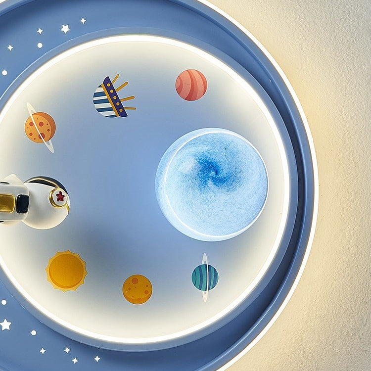 Contemporary Creative Iron Acrylic Cartoon Astronaut Spaceman Planet LED Flush Mount Ceiling Light For Living Room
