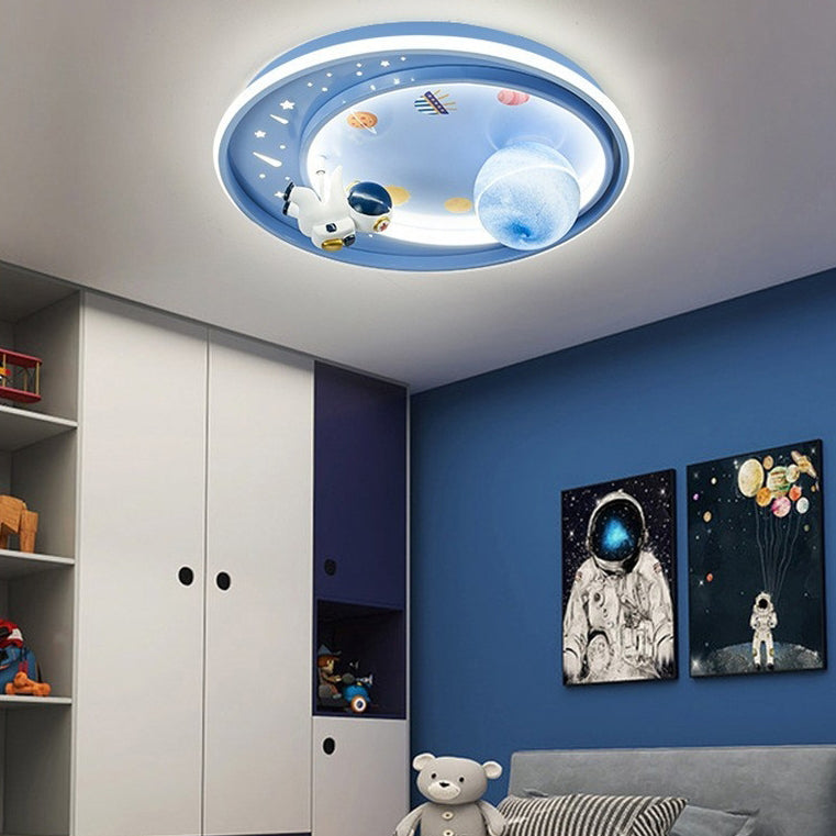Contemporary Creative Iron Acrylic Cartoon Astronaut Spaceman Planet LED Flush Mount Ceiling Light For Living Room