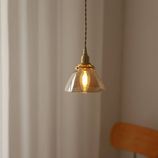 Traditional Vintage Brass Semi-Conical Glass Shade 1-Light Pendant Light For Living Room