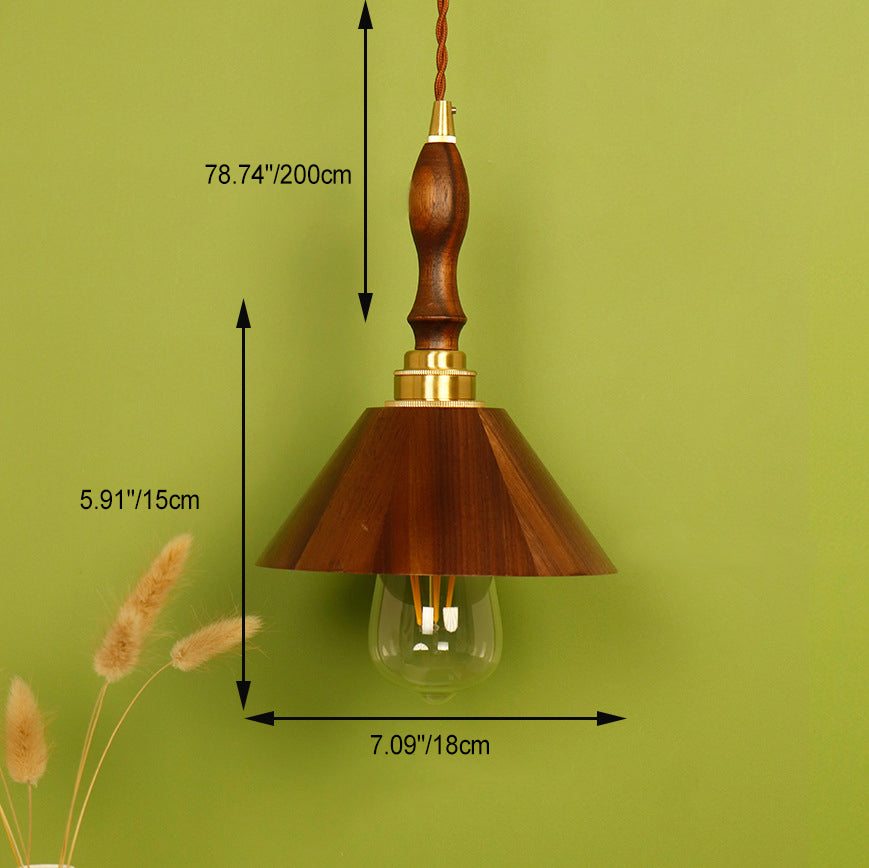 Traditional Vintage Brass Walnut Wood Conical 1-Light Pendant Light For Living Room