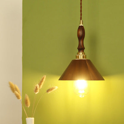 Traditional Vintage Brass Walnut Wood Conical 1-Light Pendant Light For Living Room