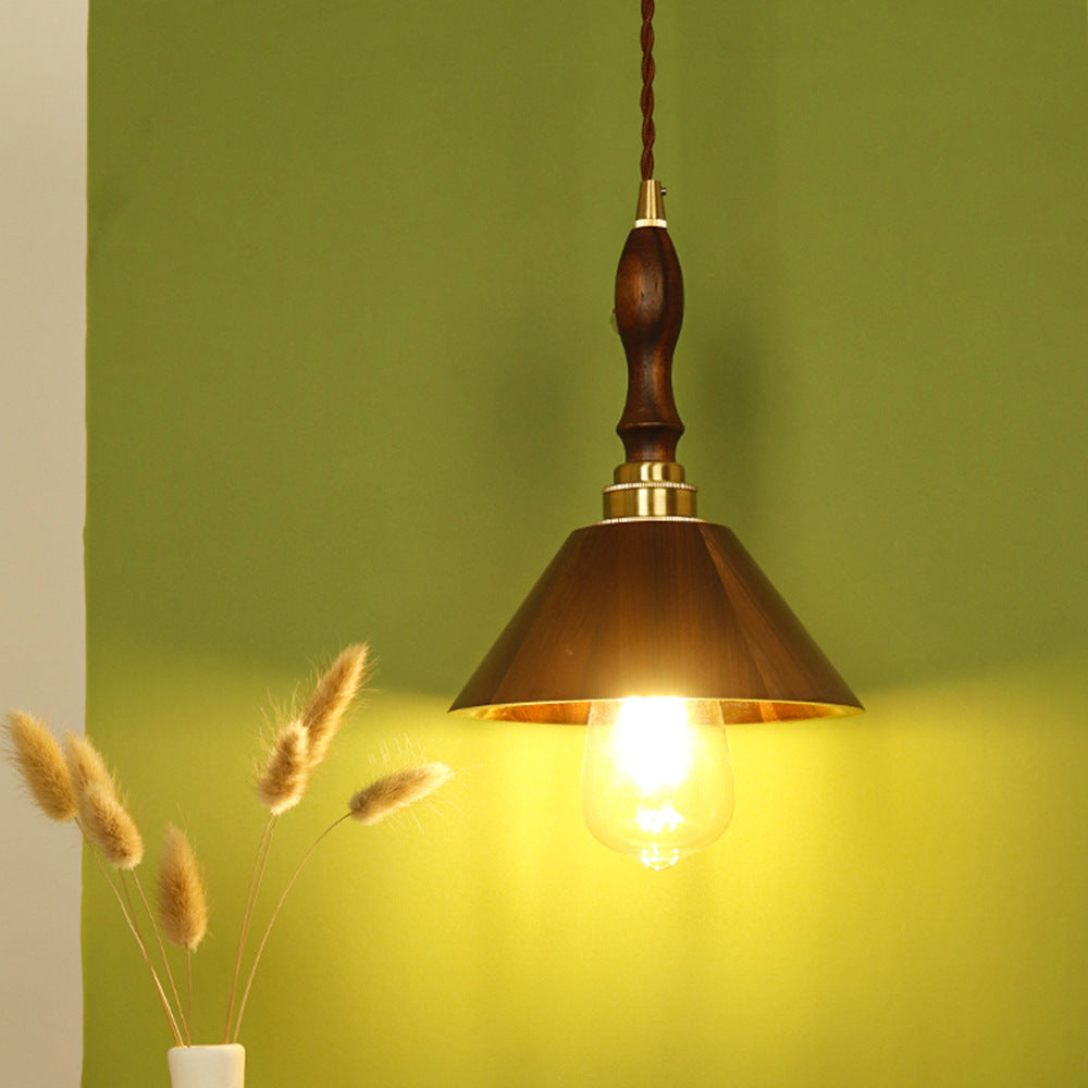 Traditional Vintage Brass Walnut Wood Conical 1-Light Pendant Light For Living Room