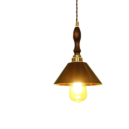 Traditional Vintage Brass Walnut Wood Conical 1-Light Pendant Light For Living Room