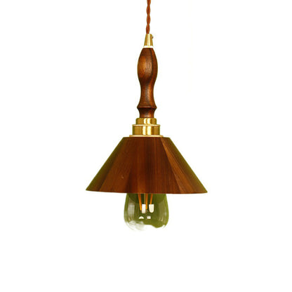 Traditional Vintage Brass Walnut Wood Conical 1-Light Pendant Light For Living Room