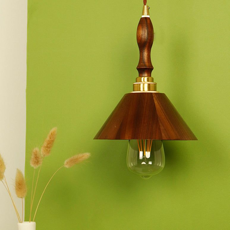 Traditional Vintage Brass Walnut Wood Conical 1-Light Pendant Light For Living Room