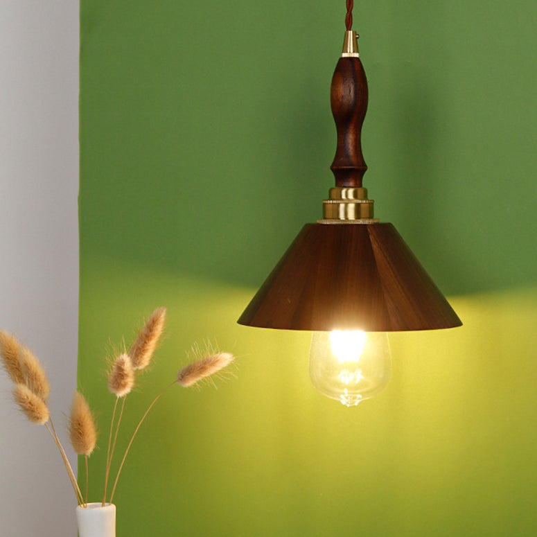 Traditional Vintage Brass Walnut Wood Conical 1-Light Pendant Light For Living Room
