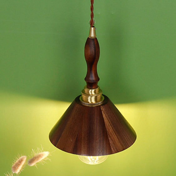 Traditional Vintage Brass Walnut Wood Conical 1-Light Pendant Light For Living Room