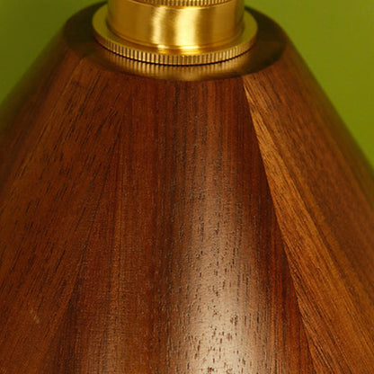 Traditional Vintage Brass Walnut Wood Conical 1-Light Pendant Light For Living Room