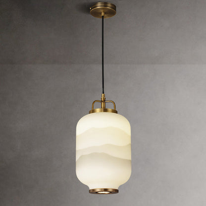 Traditional Chinese Zen Ink Wash Painting Glass Cylindrical Shade Copper 1-Light Pendant Light For Living Room