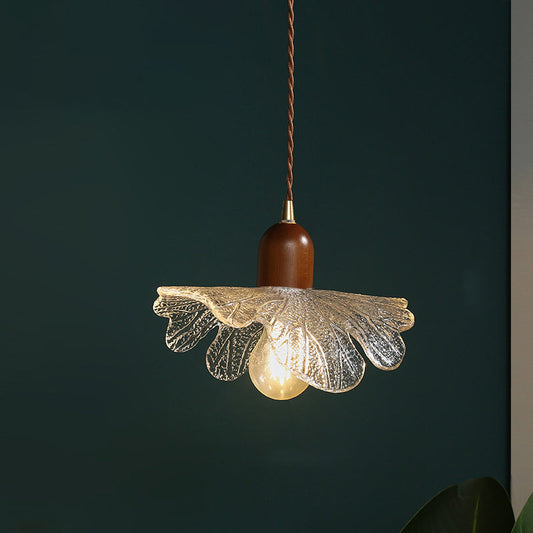 Traditional Vintage Brass Flower Glass Shade Solid Wood 1-Light Pendant Light For Living Room
