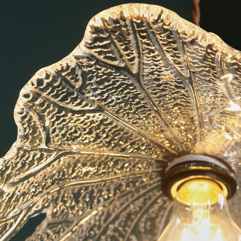 Traditional Vintage Brass Flower Glass Shade Solid Wood 1-Light Pendant Light For Living Room