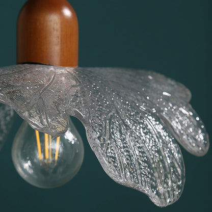 Traditional Vintage Brass Flower Glass Shade Solid Wood 1-Light Pendant Light For Living Room
