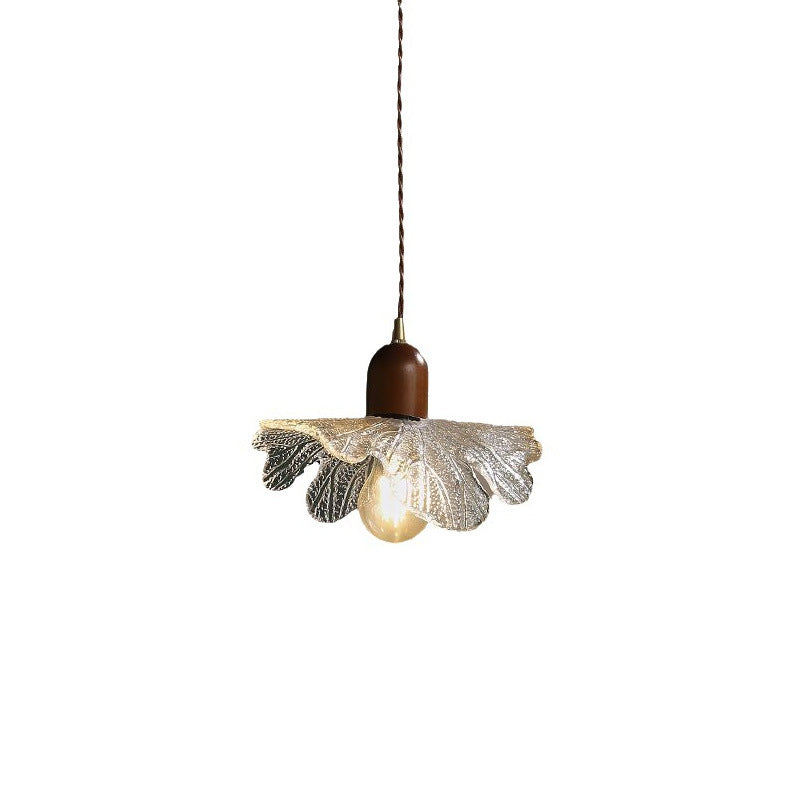 Traditional Vintage Brass Flower Glass Shade Solid Wood 1-Light Pendant Light For Living Room