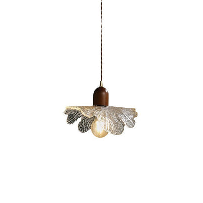 Traditional Vintage Brass Flower Glass Shade Solid Wood 1-Light Pendant Light For Living Room