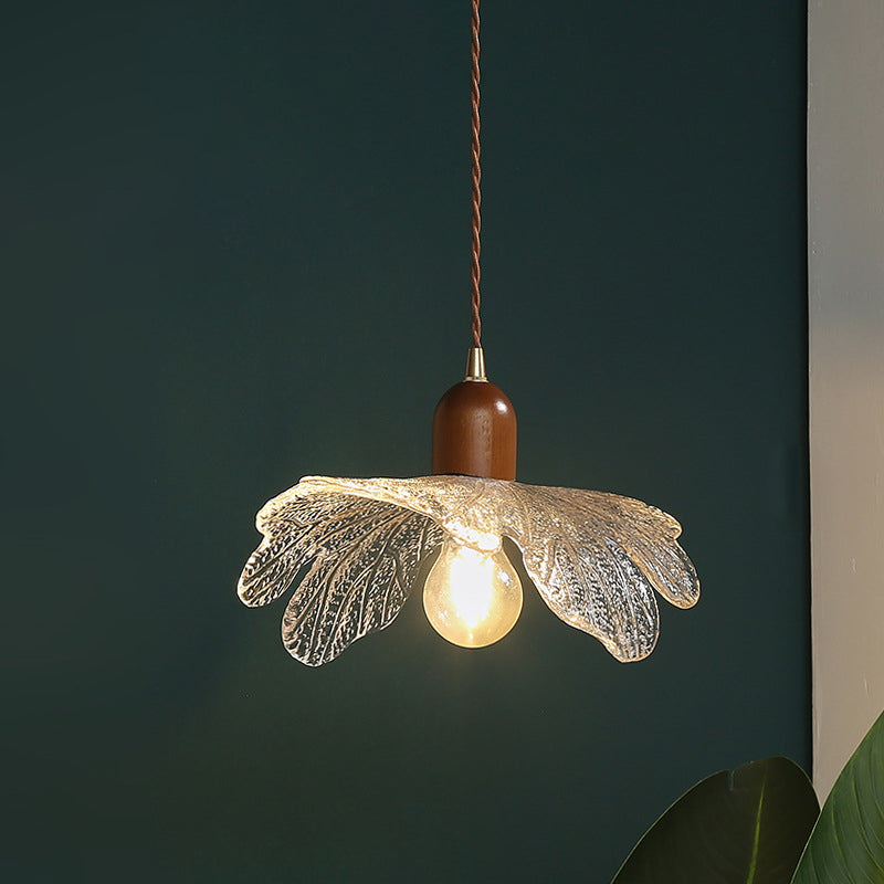 Traditional Vintage Brass Flower Glass Shade Solid Wood 1-Light Pendant Light For Living Room