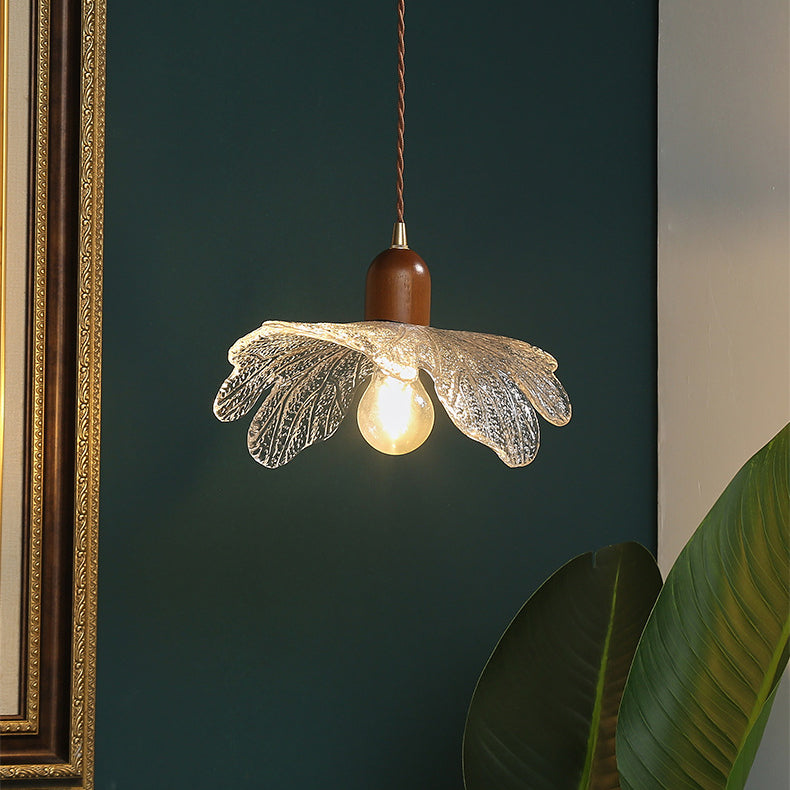 Traditional Vintage Brass Flower Glass Shade Solid Wood 1-Light Pendant Light For Living Room