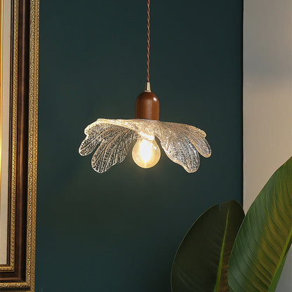 Traditional Vintage Brass Flower Glass Shade Solid Wood 1-Light Pendant Light For Living Room