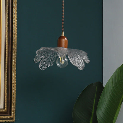 Traditional Vintage Brass Flower Glass Shade Solid Wood 1-Light Pendant Light For Living Room