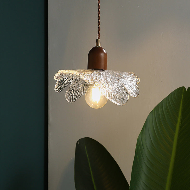 Traditional Vintage Brass Flower Glass Shade Solid Wood 1-Light Pendant Light For Living Room
