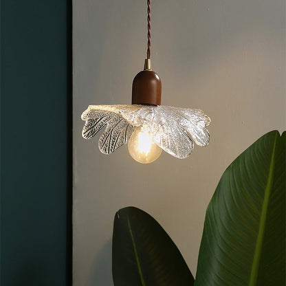 Traditional Vintage Brass Flower Glass Shade Solid Wood 1-Light Pendant Light For Living Room